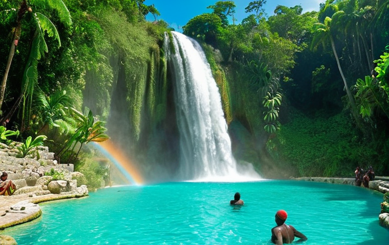 **A cascading waterfall plunges into a crystal-clear turquoise pool in Saut-Mathurine, Haiti. Lush green foliage surrounds the falls. Mist rises from the powerful water, creating a rainbow. People swim in the pool, enjoying the refreshing water.**