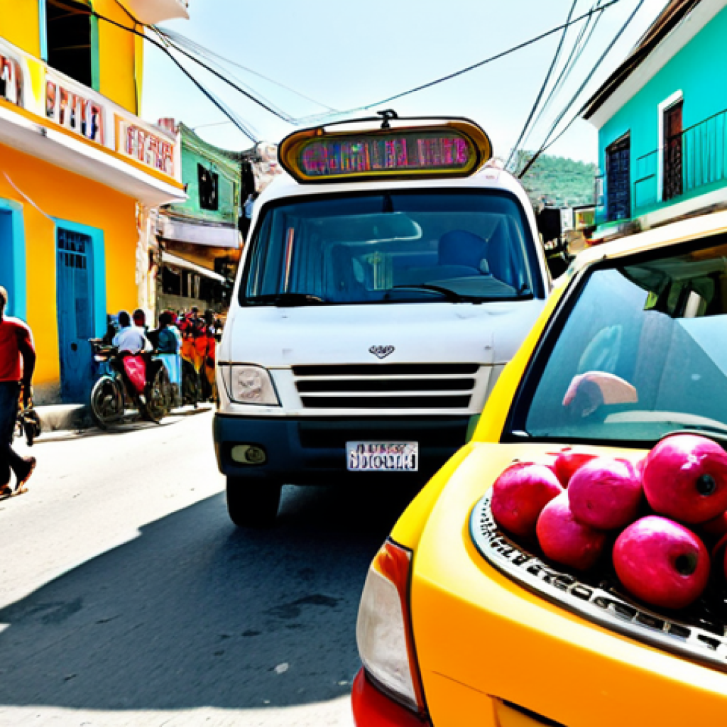 아이티의 교통 시스템  버스 택시 대중교통 - The Vibrant Tap-Tap Spectacle**

"A highly detailed, hyper-realistic, and bustling street scene in t...