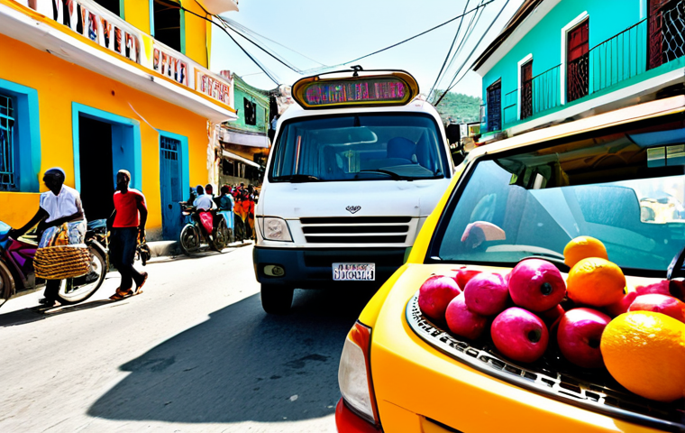 아이티의 교통 시스템  버스 택시 대중교통 - The Vibrant Tap-Tap Spectacle**

"A highly detailed, hyper-realistic, and bustling street scene in t...