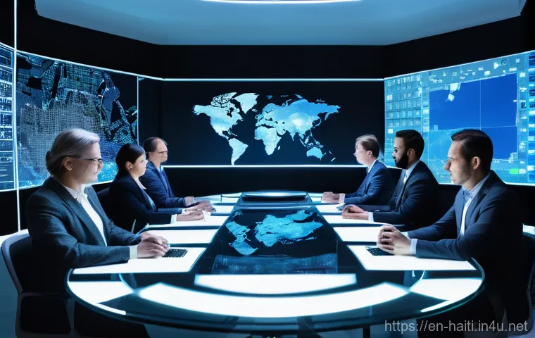 아이티의 현대 정치와 경제 전망 - **Prompt:** "A panoramic, high-tech command center designed in a clean, near-future aesthetic. A div...