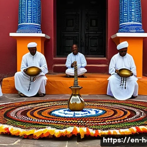 아이티 보두교 Voodoo  문화와 의식 - **Vibrant Vodou Ceremony in a Peristyle:**
    A visually rich and detailed image depicting a tradit...