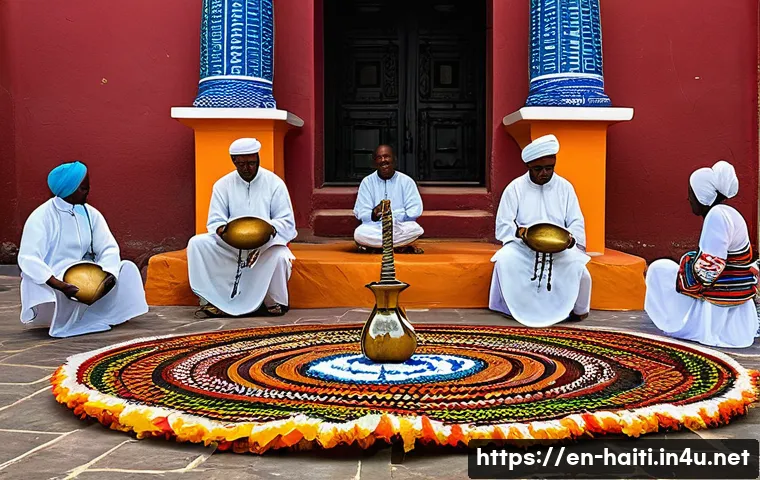 아이티 보두교 Voodoo  문화와 의식 - **Vibrant Vodou Ceremony in a Peristyle:**
    A visually rich and detailed image depicting a tradit...