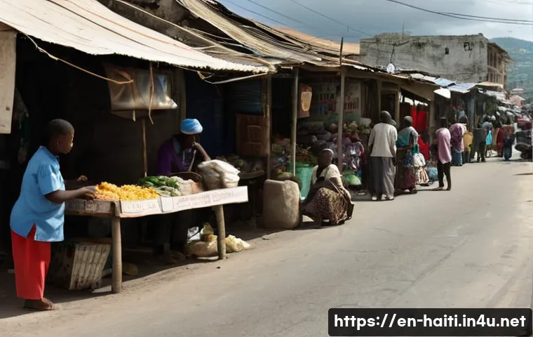 아이티의 정치적 불안정과 시위 현황 - A bustling street scene in Port-au-Prince showing local street vendors selling essential goods at mo...
