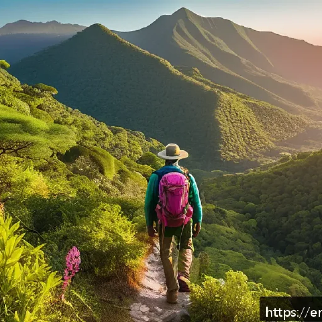 아이티에서 경험할 수 있는 자연 체험 활동 - A serene mountain trail in Haiti’s Massif de la Selle at sunrise, featuring a rugged path winding th...