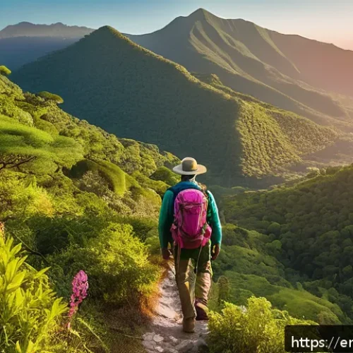 아이티에서 경험할 수 있는 자연 체험 활동 - A serene mountain trail in Haiti’s Massif de la Selle at sunrise, featuring a rugged path winding th...