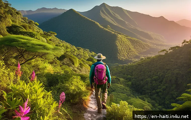 아이티에서 경험할 수 있는 자연 체험 활동 - A serene mountain trail in Haiti’s Massif de la Selle at sunrise, featuring a rugged path winding th...