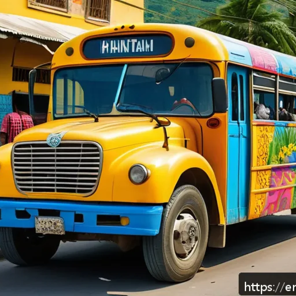 아이티에서 대중교통 이용법과 팁 - A vibrant Haitian tap-tap bus painted in bright colors with intricate hand-painted designs and Haiti...