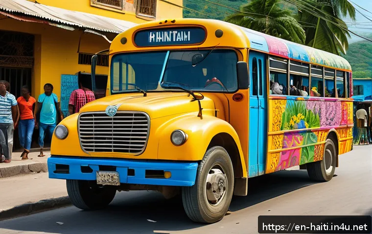 아이티에서 대중교통 이용법과 팁 - A vibrant Haitian tap-tap bus painted in bright colors with intricate hand-painted designs and Haiti...