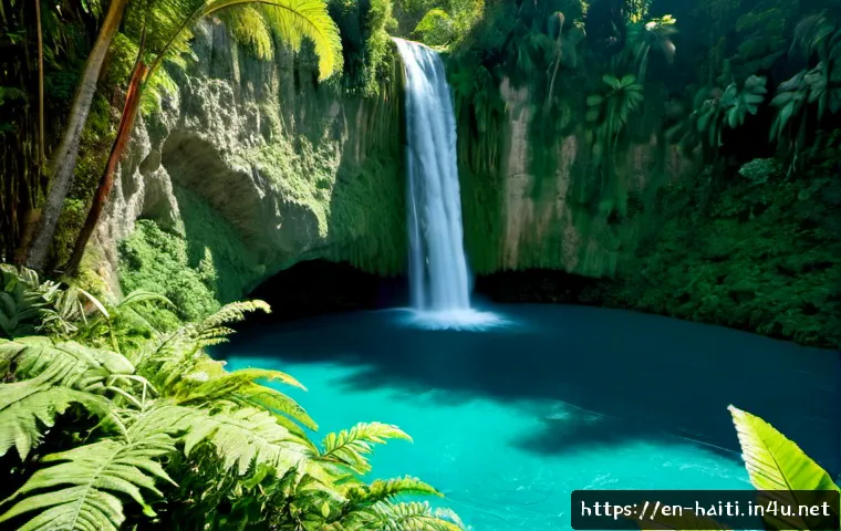 아이티의 숨겨진 자연 명소 - Photorealistic hidden waterfall in rural Haiti, clear turquoise pool beneath cascading water, lush t...
