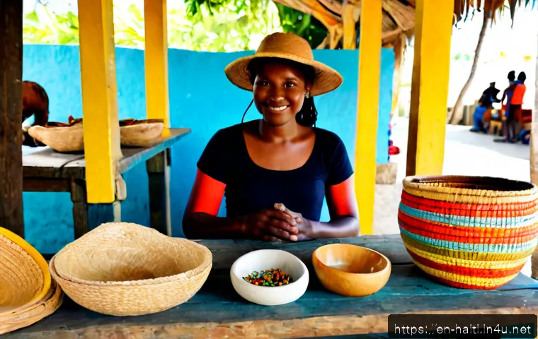 Home 17 아이티 민속 공예품과 기념품 추천 - Photorealistic artisan market display in Port-au-Prince, Haiti, featuring hand-carved wooden bowls, ...