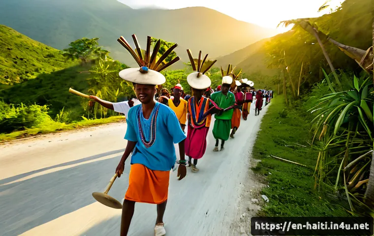 아이티에서 경험할 수 있는 특별한 문화 행사 - Photorealistic Haiti Rara cultural procession at golden sunset, Haitian musicians in colorful tradit...